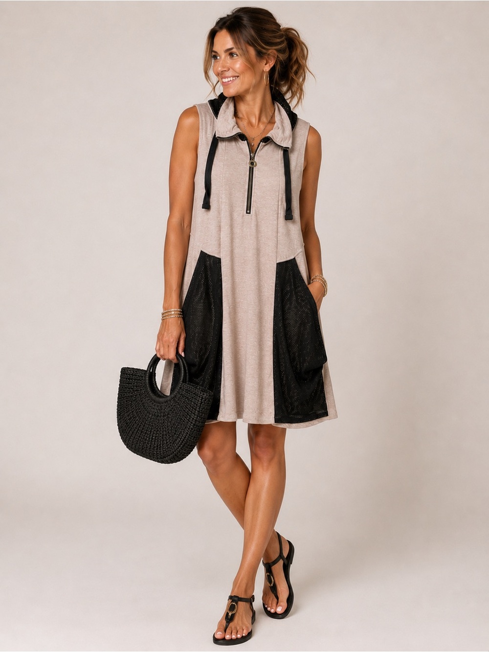 Kensie - Tan Dress with Black Mesh Trim & Pockets -SzM